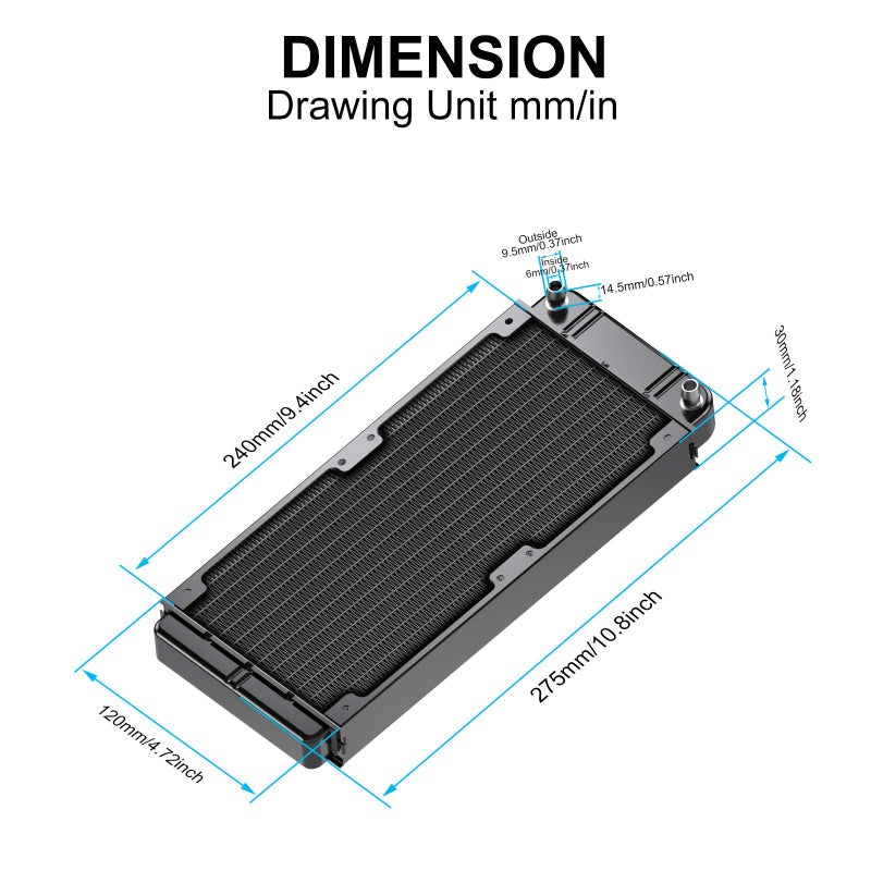 Clyxgs Water Cooling Radiator, 12 Pipe Aluminum Heat Exchanger Radiator with Fan for PC CPU Computer Water Cool System DC12V 240mm Black - Image 2